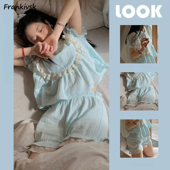 Sevimli Pijama Setleri Kadın Fransız Tarzı Tatlı Retro Dantel Ev Eklenmiş Şık Estetik İhale Puf Kollu Yaz Nighty Takım Elbise Bayanlar