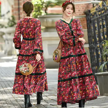 Çiçek Etnik Sonbahar Vintage Kadife Elbise kadın Gevşek Fener Uzun Kollu İpli Pileli İnce Bayan Elbise y530