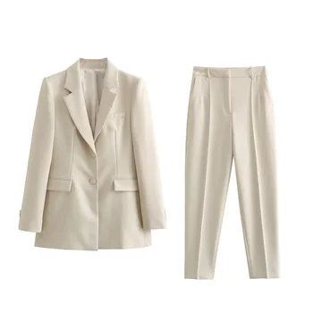 TRAF Kadın Bej Düz Blazer Takım Elbise Sonbahar Moda Tek Göğüslü blazers Kadın Vintage Yüksek Bel ince pantolon Setleri 2023