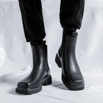 lüks moda erkek botları marka tasarımcısı kare burunlu ayakkabı kovboy platformu chelsea çizme sahne gece kulübü orijinal deri botas