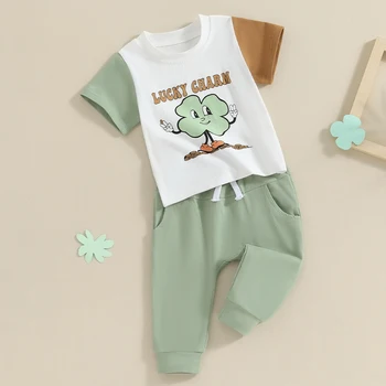 Toddler Bebek Pantolon Setleri Kazak Kazak Pantolon Shamrocks Yeşil Eşofman Kıyafet Giyim