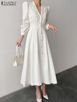 ZANZEA 2023 Zarif Uzun Gömlek Elbise Kadın Puf Uzun Kollu Düğmeler Elbiseler Sonbahar Beyaz Parti Vestidos Yaka Toplamak Bel Elbise