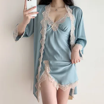 2 ADET Kadınlar Dantel Elbise Seti Gecelik İç Çamaşırı Yaz Sahte İpek Bornoz Elbisesi Takım Elbise Pijama Kimono Homedress İç Çamaşırı