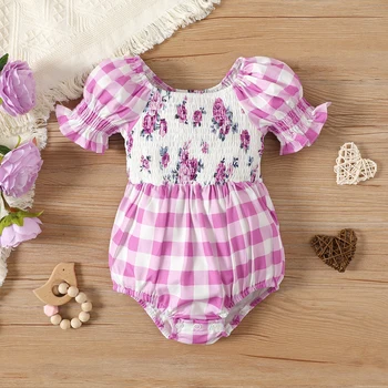 PatPat Bebek Kız Ekose Puf kollu Eklenmiş Çiçek Baskı Büzgülü Romper