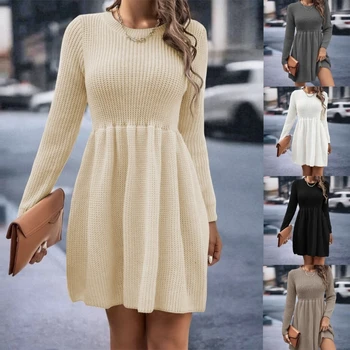 Bayan O-boyun Uzun Kollu Midi A-line kalem elbise Bayan Örme Elbise yuvarlak Boyun Elbise Sonbahar Kış için