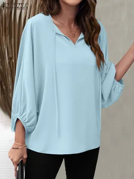 ZANZEA Moda Gevşek Üstleri Kadın Zarif Tatil Iş Bluz Sonbahar O-boyun 3/4 Kollu Gömlek Bahar Katı Tunik Üstleri OL Chemise