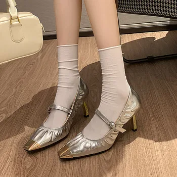 Phoentin Ince Yüksek Topuklu parti ayakkabıları Bayanlar Sivri Burun Metal Dekorasyon Toka Kayış Kadın Pompaları Stiletto Gümüş Altın FT3101