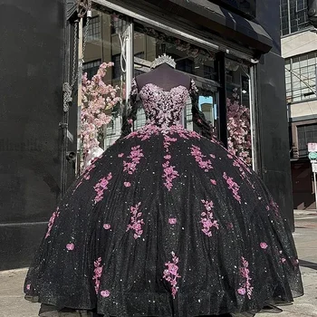 Siyah Sevgiliye Balo Quinceanera elbiseler Glitter Tül Dantel 15 Parti Pageant Doğum Günü Partisi Törenlerinde Korse Geri