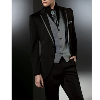 Erkek Takım Elbise Blazer Siyah Tek Göğüslü Çentikli Yaka Resmi Düğün Terno Damat Ceket Balo Masculino Slim Fit Ceket Pantolon Yelek