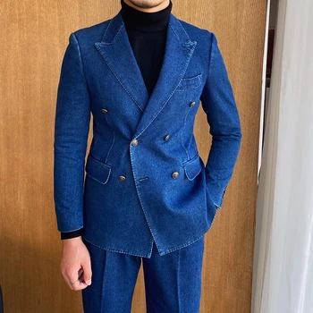 Erkek Takım Elbise Düğün İçin Mavi Oxford Denim Sağdıç Smokin Kruvaze Ceket Pantolon 2 Adet Ziyafet Balo Parti Erkek Giysileri