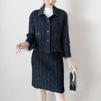 Miyake İssey Miyake Sonbahar / Kış Yeni Pamuk Ceket Şal Kalça Yarım Etek Seti Mizaç Banliyö Kore Moda kadın İki Adet