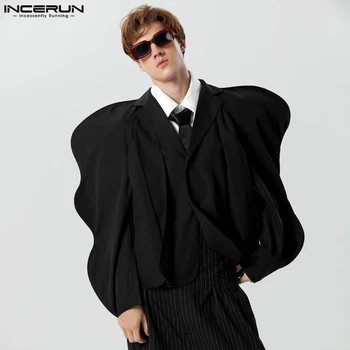 INCERUN Erkekler Düzensiz Blazer Katı Fırfır Yaka Uzun Kollu Düğme Rahat Takım Elbise Erkek Streetwear 2023 Gevşek Moda Mont S-5XL