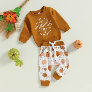 Cadılar bayramı Bebek Yürüyor Çocuk Erkek Bebek Giysileri Setleri Kabak Baskı Uzun Kollu Ekip Boyun Kazak Elastik Bel Sweatpants