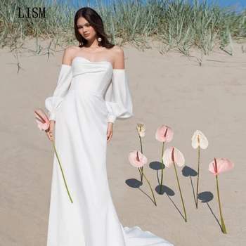 TUTUMLARIN Zarif Straplez düğün elbisesi Için Gelin Saten Ayrılabilir Kollu gelinlikler İnciler Kat Uzunluk Basit Beyaz Elbise
