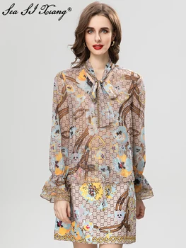 Seasıxıang Moda Sonbahar Baskı Takım Elbise Kadın Dantel-up Yaka Parlama Kollu Kazak Gömlek + Sequins Boncuk Etek Vintage Baskı Seti