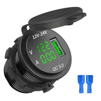 12 V / 24 V Hızlı Şarj 3.0 Araç Çakmak Soket USB şarj aleti Led Voltmetre Ampermetre Siyah ve Yeşil