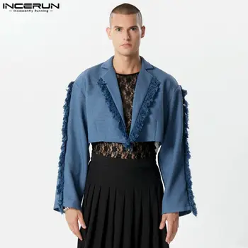 INCERUN Üstleri 2023 Amerikan Tarzı Yeni Erkek Moda Ekleme Püskül Kenar Blazer Casual Kırpılmış Katı Uzun Kollu Takım Elbise Mont S-5XL