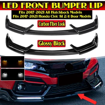 LED Ön Tampon Spoiler Dudak Splitter İşık Parlak Siyah / Karbon Fiber Honda Civic Si Hatchback 2016-2021 Dış Parça