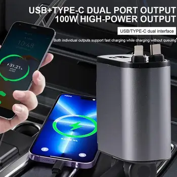 100w 4 İN 1 Geri Çekilebilir araba şarjı USB C Tipi Kablo iPhone Samsung İçin Hızlı şarj kablosu Sigara çakmak adaptörü