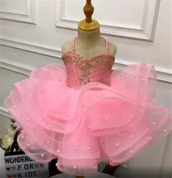 Prenses Kabarık Pembe Çiçek Kız Elbise Jartiyer İnciler İle İlk Doğum Günü Akşam Parti Elbise Çocuk Noel balo elbisesi