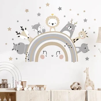 Karikatür Sevimli Hayvanlar Gökkuşağı Yıldız duvar çıkartmaları Çocuk Odası için Bebek Kreş duvar çıkartmaları Zürafa Hippo Kedi Ev Dekor DIY