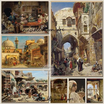 Retro Eski Arap Suriye Orta Doğu Sokak Pazarı Yaşam Cami Manzara sanat posterleri Tuval Boyama Duvar Baskı Resim Ev Dekor