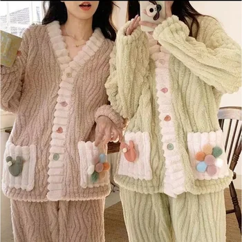 Sonbahar Kış Pijama Sıcak Pijama Kadın Pijama Seti Kalın Pazen Kawaii Giyim Katı Mercan Polar Gecelik Uzun Kollu