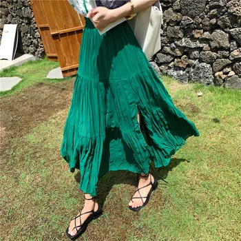 2023 Yeni Yaz Uzun Etek Kadın Kore Moda Çok Yönlü Elastik Bel Şık Uzun Kek A-Line Etek Kadın Bölünmüş plaj elbisesi