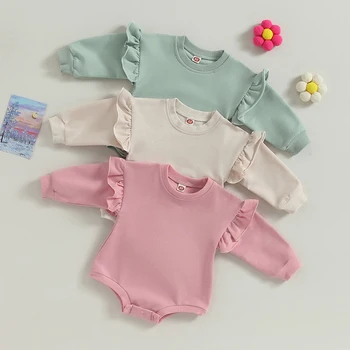 Bahar Sonbahar Yenidoğan Bebek Giyim Katı Ruffles Uzun Kollu O-Boyun Gevşek Tişörtü Bodysuits Tulum Tulumlar Tulum