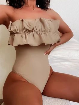 Tek Parça Mayo Kadınlar 2024 Yeni Katı Fırfır Bandeau Mayo Seksi Bodysuit Monokini Yaz Beachwear Mayo Kadın