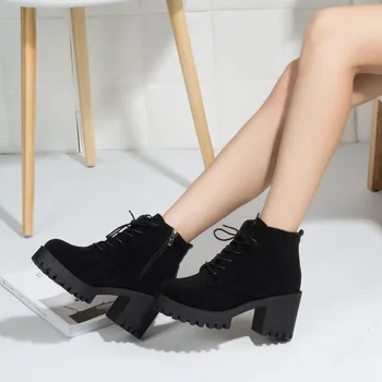 Kadın Çizme Sonbahar kış botu İngiliz Kalın Topuk Kadın Ayakkabı Platformu bileğe kadar bot Tüm Maç Kadın Topuklu Ayakkabı Bayan Ayakkabı Tacones