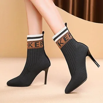 Sonbahar Yeni Kadın Ayakkabı Moda Yüksek Topuklu yarım çizmeler Rahat Slip-on Seksi Çizmeler Ayakkabı Kadınlar için Örgü kısa çizmeler