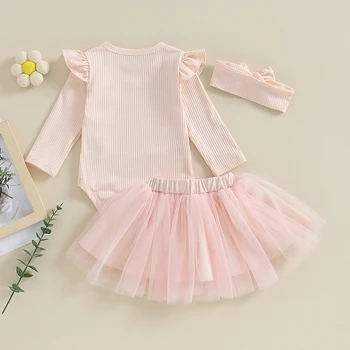 Bebek Kız Güz Kıyafetler Düz Renk Ekip Boyun Uzun Kollu Tulum Katmanlı Tül Tutu Etekler Kafa Bandı 3 Adet Giysi Seti