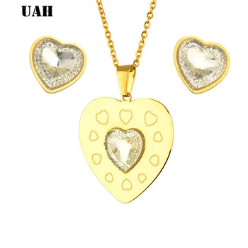 UAH paslanmaz çelik takı Setleri Charm Kalp Kolye Küpe Bilezik Seti Kadınlar İçin moda mücevherat 2019 Kitle Etkisi