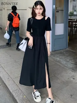 Zarif Midi Elbise Kadınlar Siyah Hollow Out Streetwear Yarık Yaz Moda Basit Rahat Tüm Maç Vintage Kore Tarzı Normcore