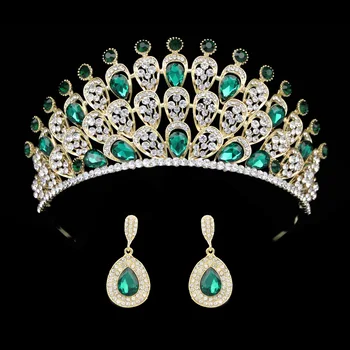 Tavuskuşu Yeşil Kristal Tiara Düğün saç takı Su Damlası Mor Kristal Taç küpe seti Kadınlar için
