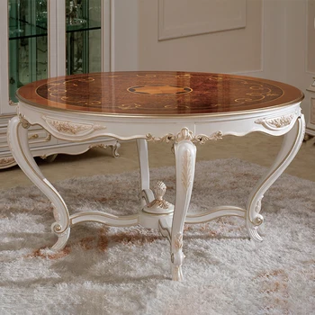 Fransız saray tarzı yemek masası ve sandalye kombinasyonu katı ahşap Avrupa mobilya el oyması yuvarlak yemek masası