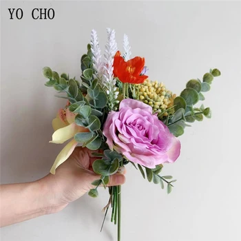 YO CHO gül Buketi Gelin Düğün çiçek buketi Yeni yapay çiçek İpek Ortanca Lavanta Orkide Papatya Meyve Düğün Kaynağı