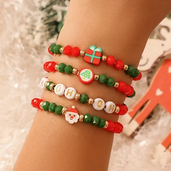 Salircon Bohemian 4 Adet Kırmızı Yeşil kristal boncuklar Boncuklu Bilezik Trend Yumuşak Kil Noel Baba Bilezik kadın Noel Takı