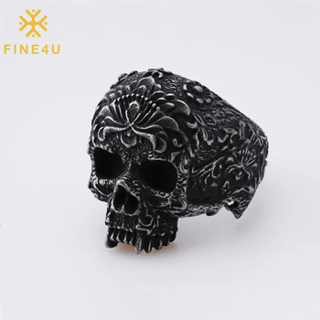 FINE4U Paslanmaz Çelik Kafatası Yüzük Kişiselleştirilmiş Yüzük Erkekler için Hediye El Yapımı Punk Gotik Yüzük İskelet Yüzük Kafatası Takı