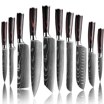 Şef bıçağı 1-10 Adet Set Mutfak Bıçakları Lazer Şam Desen Keskin Japon Santoku Bıçak Cleaver Dilimleme Maket Bıçağı