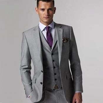 Klasik Takım Elbise Erkekler İçin düğün ışıkları Gri Tek Göğüslü Ceket Yelek Pantolon 3 Adet Damat Smokin Custom Made İş Blazer