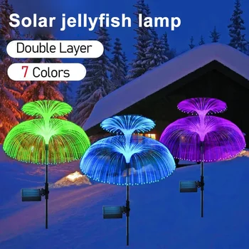 Çift denizanası güneş ışığı 7 degrade renkler Güneş bahçe lambası LED Fiber Optik lamba açık Su geçirmez dekorasyon Zemin Lambası