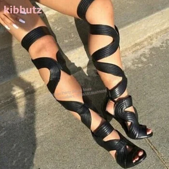 Burnu açık Gladyatör Sandalet Botlar Ince Topuk Kesimler Lace Up Katı Siyah Hakiki Deri Moda Seksi Zarif Kadın Ayakkabı Yeni