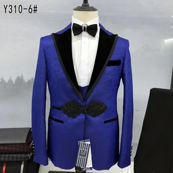 2023 Yeni erkek Seti Kraliyet Mavi İşlemeli Takım Elbise Siyah Keskin Kenar Yaka Yüksek Lüks Düğün Üç Parçalı Set (Ceket + Pantolon + Yelek)