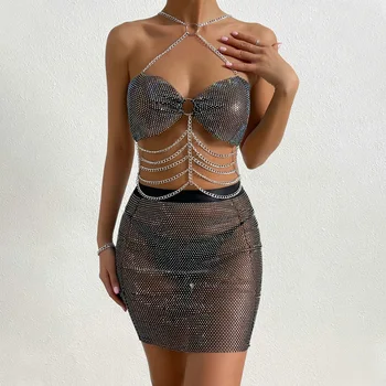 Seksi Sparkle Siyah Mesh Şeffaf Rhinestones Vücut Zinciri Elbise Etek Vahşi Kadın Kristal İç Çamaşırı Takı Bikini Sütyen Bel Zinciri
