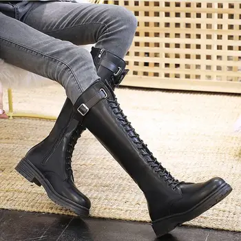 Bağcıklı Kış Diz Yüksek Şaft Uzun bayan botları Biker Yuvarlak Ayak platform ayakkabılar Kadın Dantel-up Ayakkabı Kaliteli Y2k Çizme