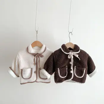 2023 Kış Kore Bebek Kız Ceket Pamuk Artı Kadife Lambswool Cep Kalın Sıcak Bebek Kız Ceket Toddler Kız Ceket