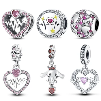 925 Ayar Gümüş Pembe Zirkon Kalp Atışı Charms Boncuk Fit Pandora 925 Orijinal Bilezikler DIY Güzel Takı sevgililer Günü Hediyeleri