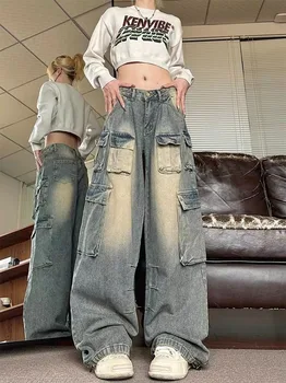 Çok Cep Y2K Kot Kadın Hip Hop Retro Yıkanmış Baggy kot pantolon Yeni Düz Rahat Gevşek Geniş Bacak Pantolon Streetwear Kadın